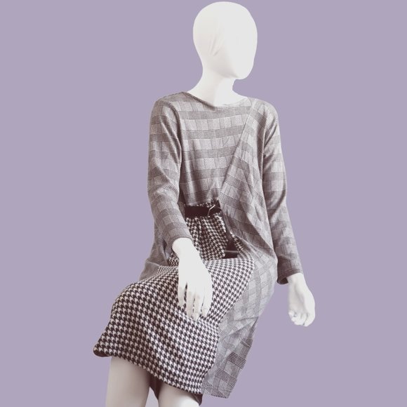 LES MUES femme patchwork glen plaid dress with adjustable waist tie size M - Picture 1 of 14